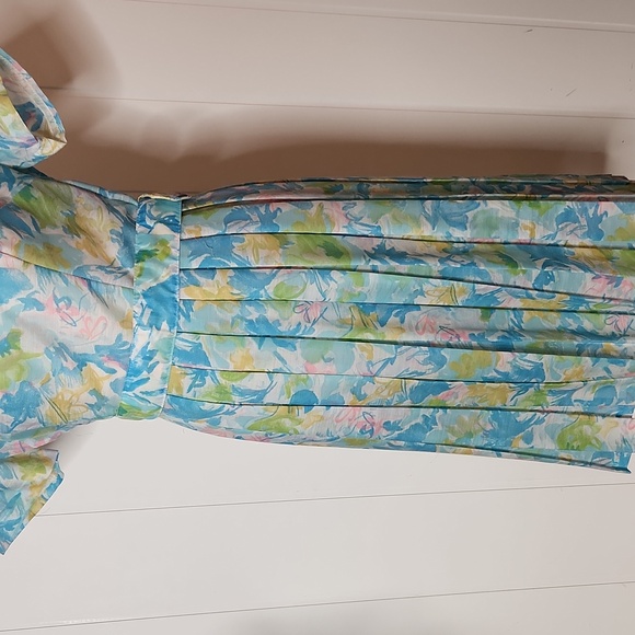 1960's Rare watercolor floral Belted pleated Cottagecore Midi Dress - Picture 3 of 11